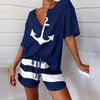 2Pcs Women Tracksuit Boat Anchor Print Shirt Shorts Set Spring Elegant V Neck Pullover Ladies Sportswear Suits Pocket style
