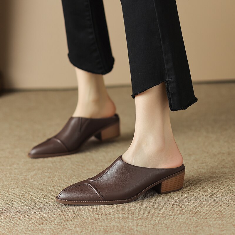 Genuine Leather Spring Women Muller Slippers Hollow Square Toe High Heel Solid Color Comfortable and Breathable Casual Slippers