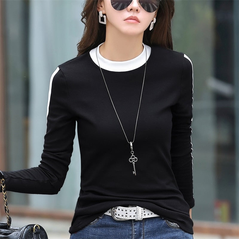 Casual T-shirt Women O-neck Stretch Cotton Skinny Basic T Shirt  Slim Korean Fashion Women T-shirt Spring Autumn