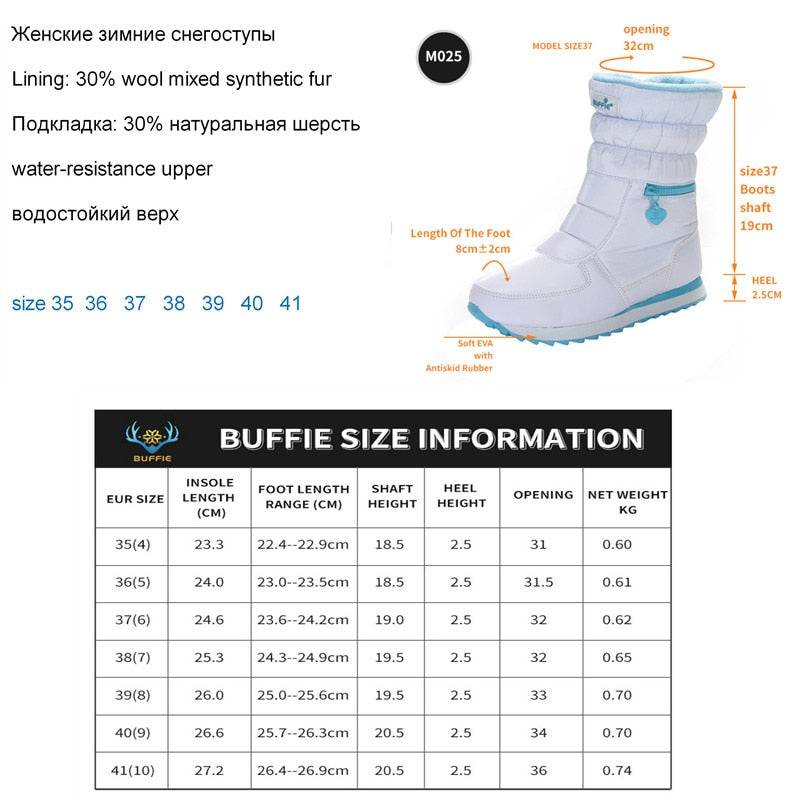 Winter Boots Women Warm Snow Shoe 30% Natural Wool Footwear White Color  Big Size Zipper Mid-calf Free Shipping